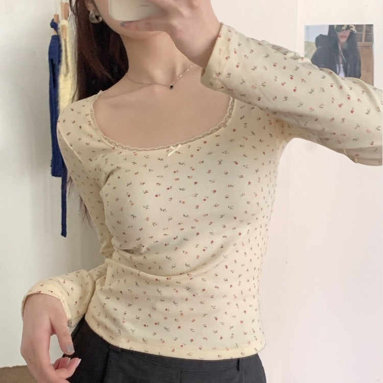 Pure Style Lace Floral Shoulder Long Sleeve T-shirt Bottoming Shirt Slim-fit Crop-top