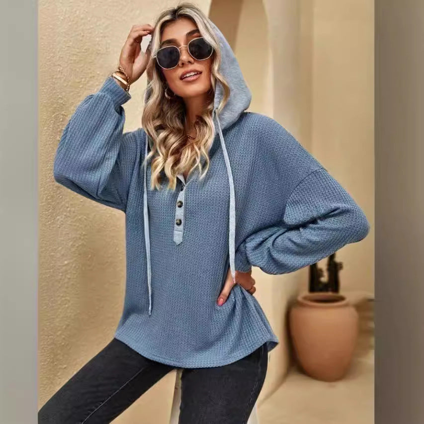 Casual Button Hooded Loose Long Sleeves Sweater For Women