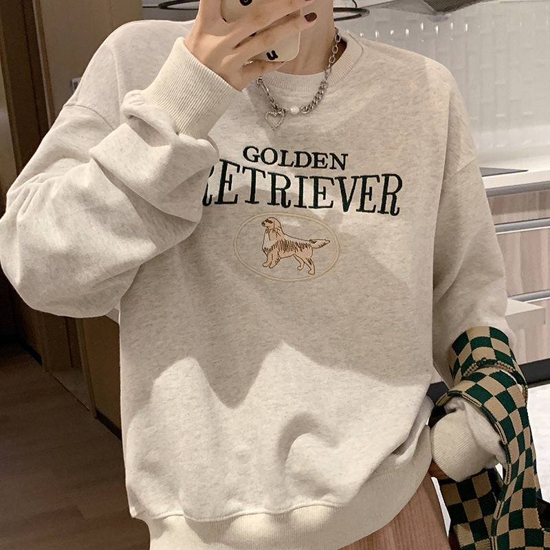 Korean Style Round-neck Pullover Women's Autumn And Winter New Loose Oversize Style Embroidery Cartoon Long-sleeved Versatile Top