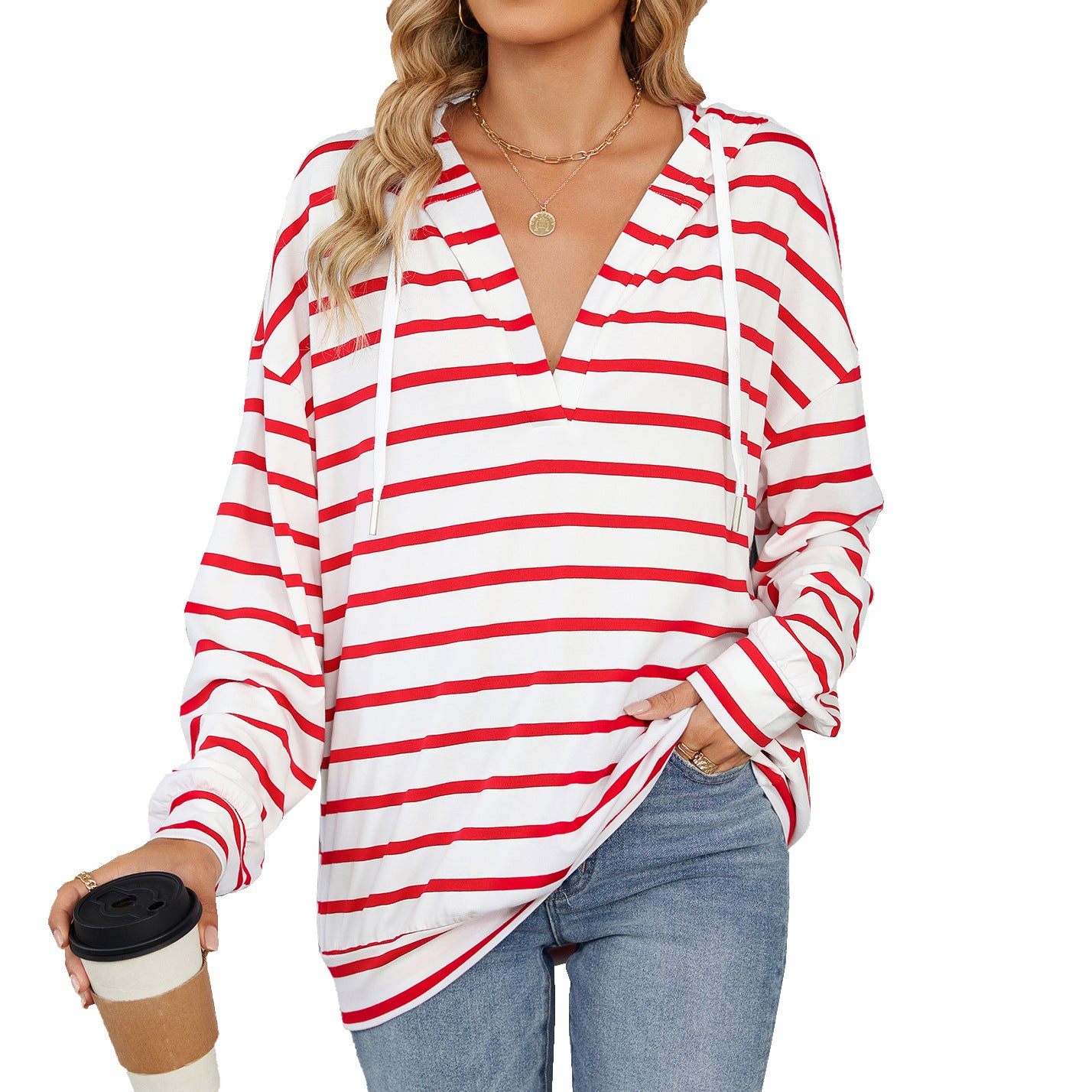 Hoodie With Drawstrings Striped Long Sleeve Sweatshirt Tops