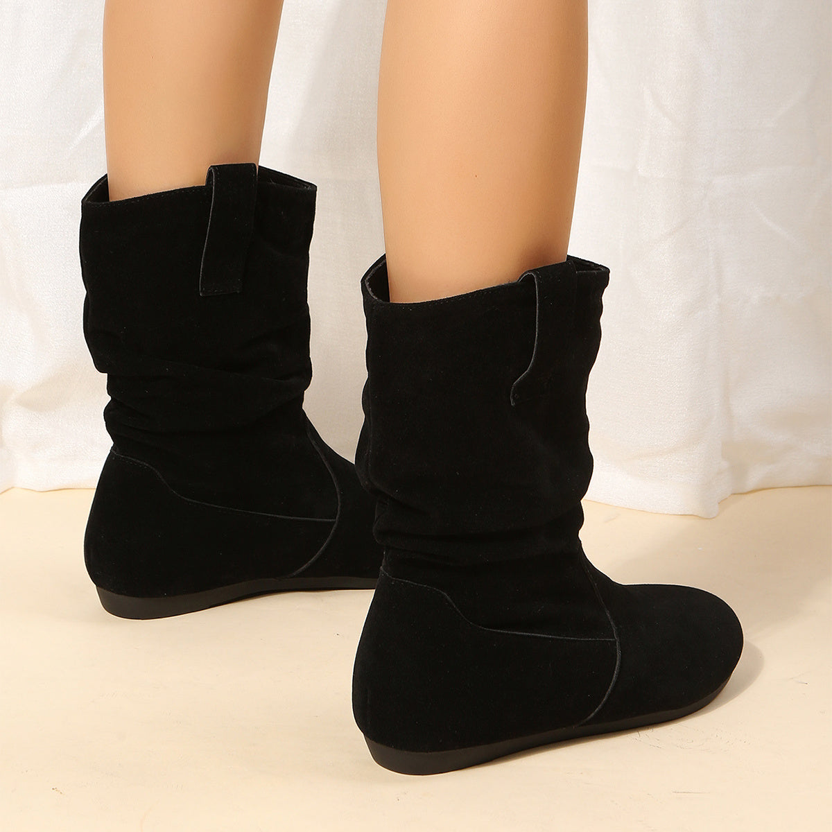 Round Toe Flat Boots Fashion Solid Color Suede Mid-calf Boot Winter Warm Shoes For Women