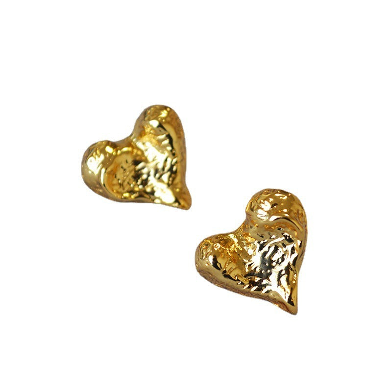 French Minority Vintage Crumpled Texture Sandstone Surface Irregular Heart Brass Gold Plated 925 Silver Pin Earrings