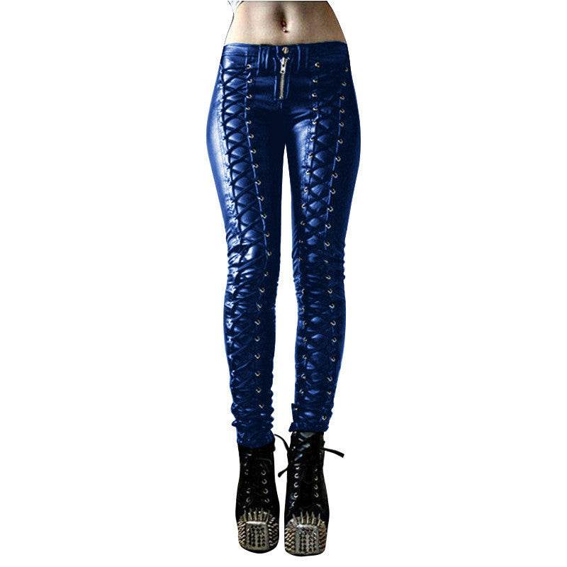 Solid Color Casual Women's Lace-up PU Leather Pants