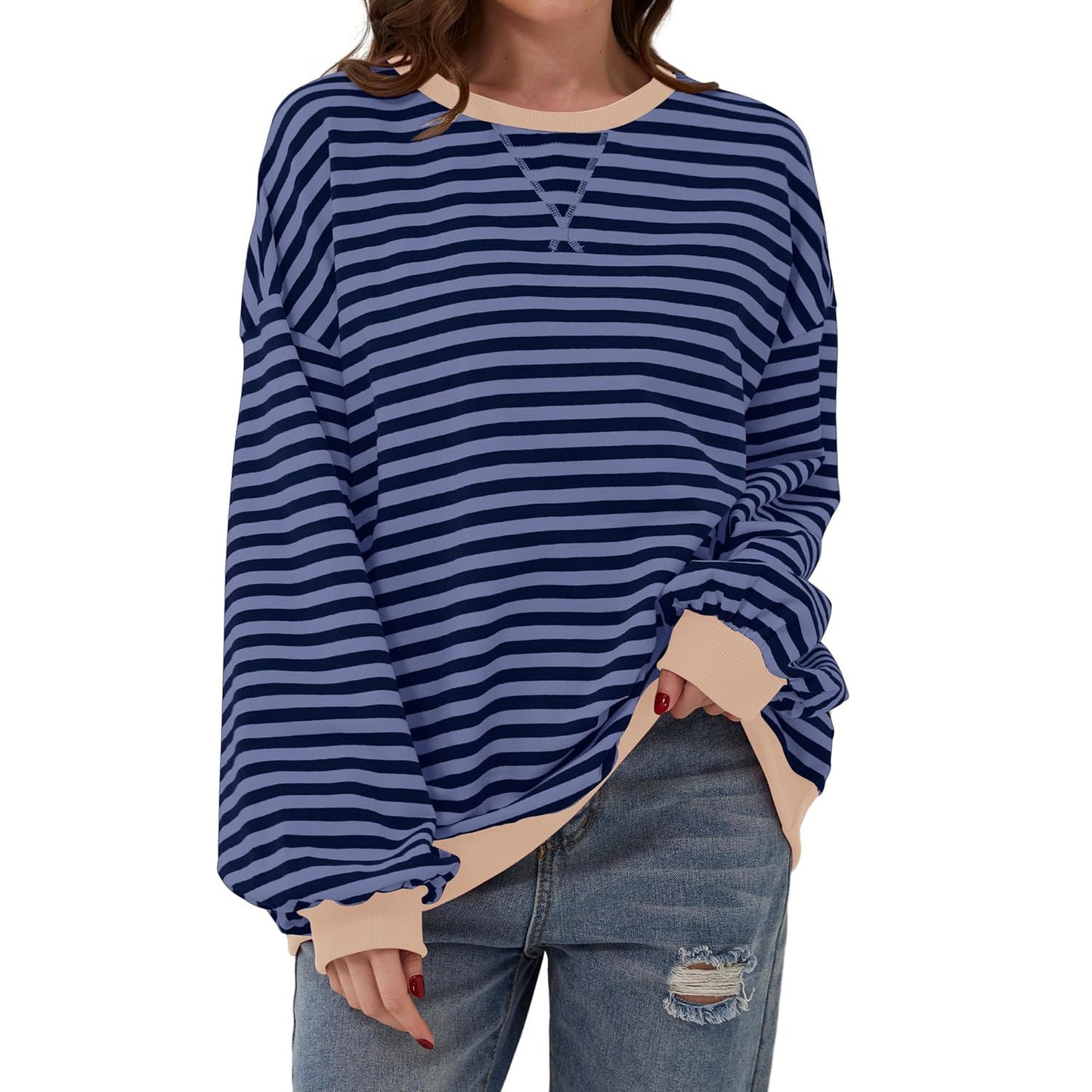 Loose Striped Long Sleeve T-shirt Casual Pullover Sweater For Womens Clothing