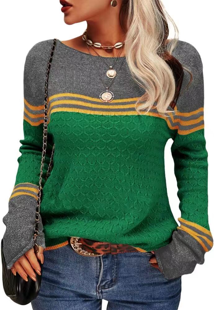 Foreign Trade Crocheted Long-sleeved Top Striped Color-block Crew Neck Knitted Sweater