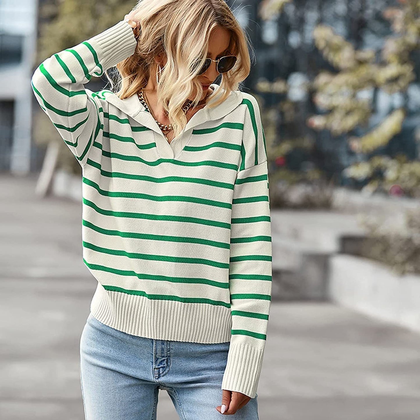 Casual V-neck Lapel Striped Sweater Fashion Long Sleeve Tops For Womens Clothing