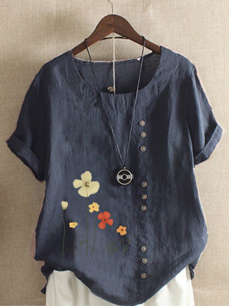 Cotton And Linen Printed Elegant Short Sleeve T-shirt Top Women