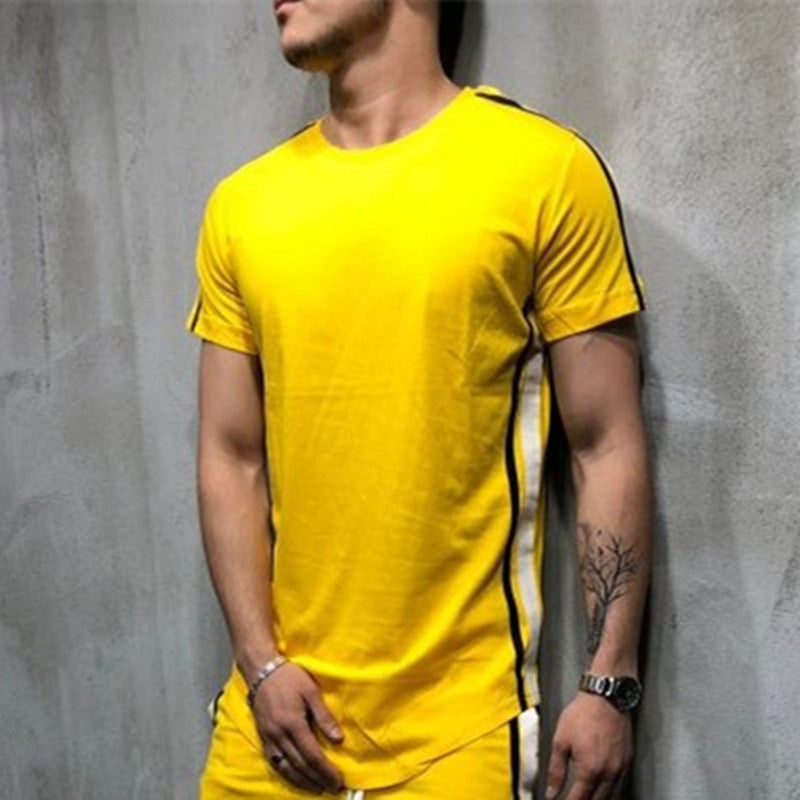 Paneled striped round neck short sleeve T-shirt