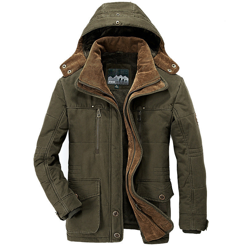 Thickened multi-pocket hooded men's cotton coat