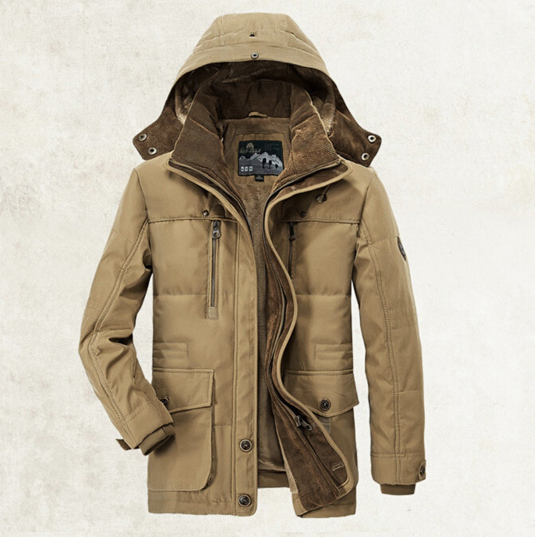 Thickened multi-pocket hooded men's cotton coat