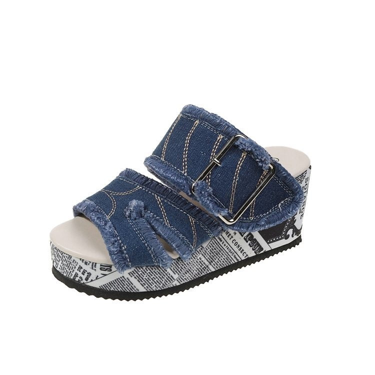 Wedge Denim Round Toe Peep Toe Sandals Fashionable And Comfortable Rhinestone High Heel Shoes