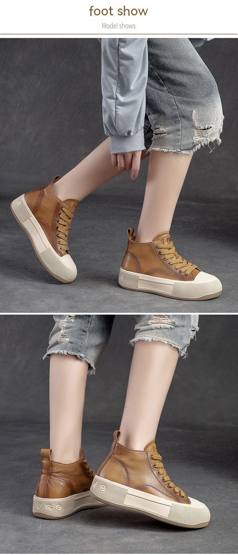 High-top Casual Sneakers First Layer Cowhide Toe Box Women's Shoes Vintage