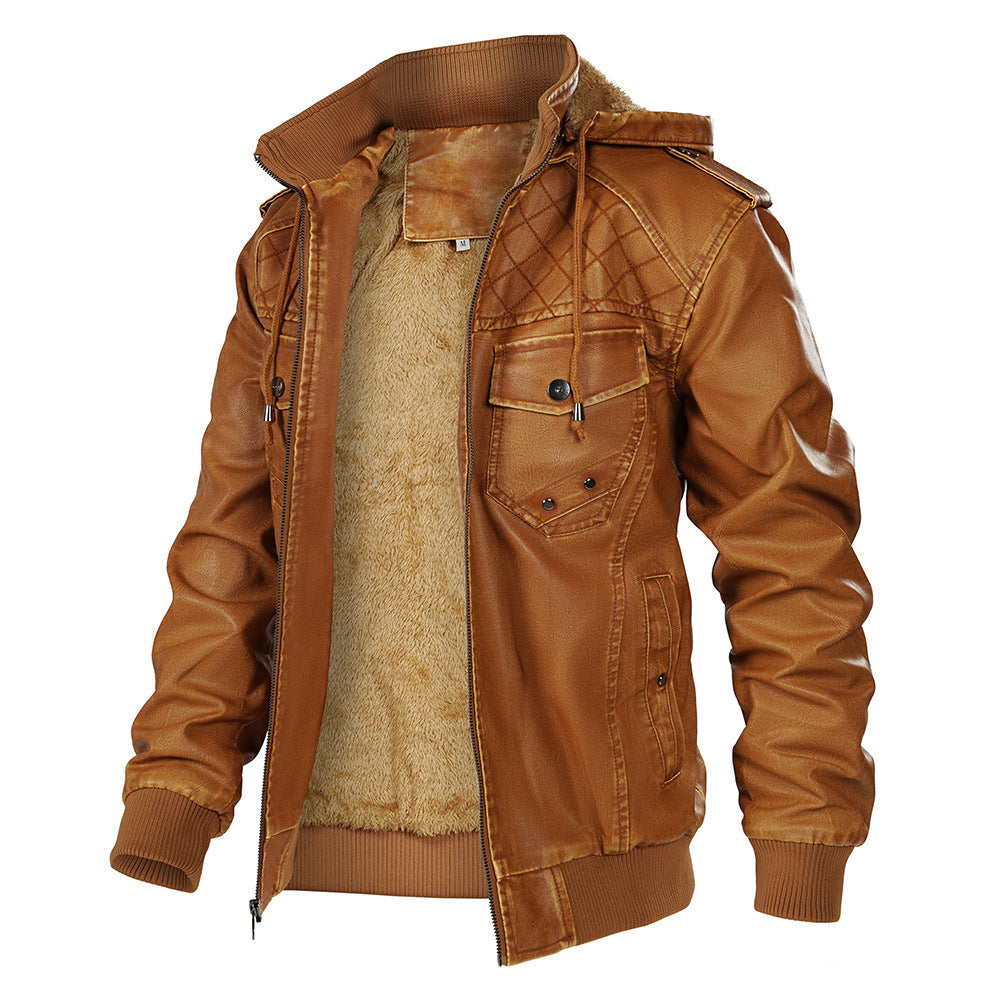 Hooded Leather Jacket Fleece-lined Men's Autumn And Winter New