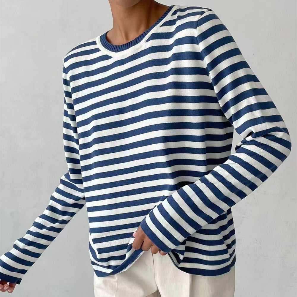 New Knitted Striped Long Sleeved Sweater Versatile Pullover Tops Womens Clothing