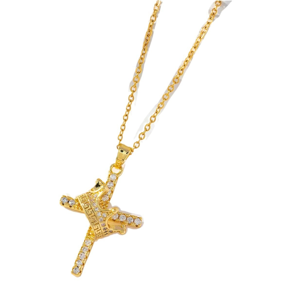 Crown Cross Clavicle Chain 18K Gold Zircon Pendant Necklace