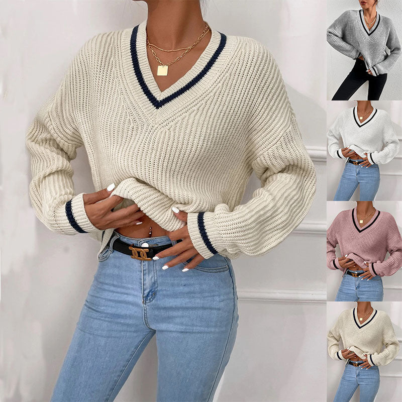 Winter Women's Clothes Cable Knit V Neck Sweaters Casual Long Sleeve Striped Pullover Sweater Trendy Loose Preppy Jumper Top