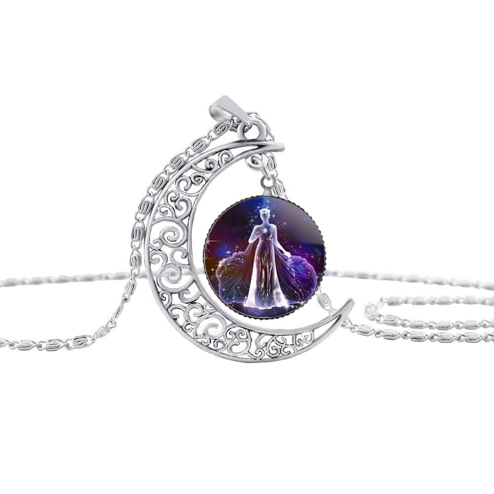 Starry Sky 12 Constellation Moon Necklace Time Gem