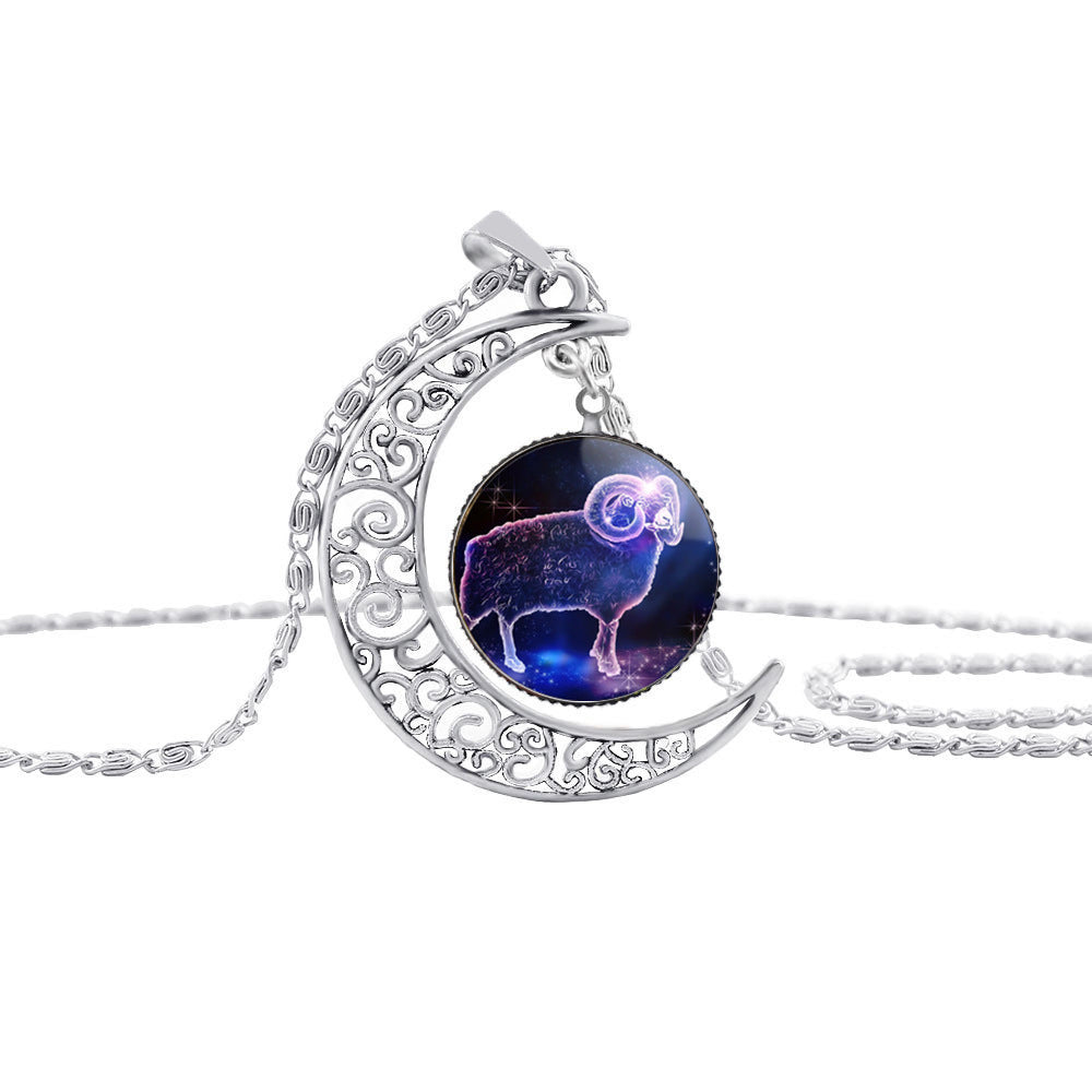 Starry Sky 12 Constellation Moon Necklace Time Gem