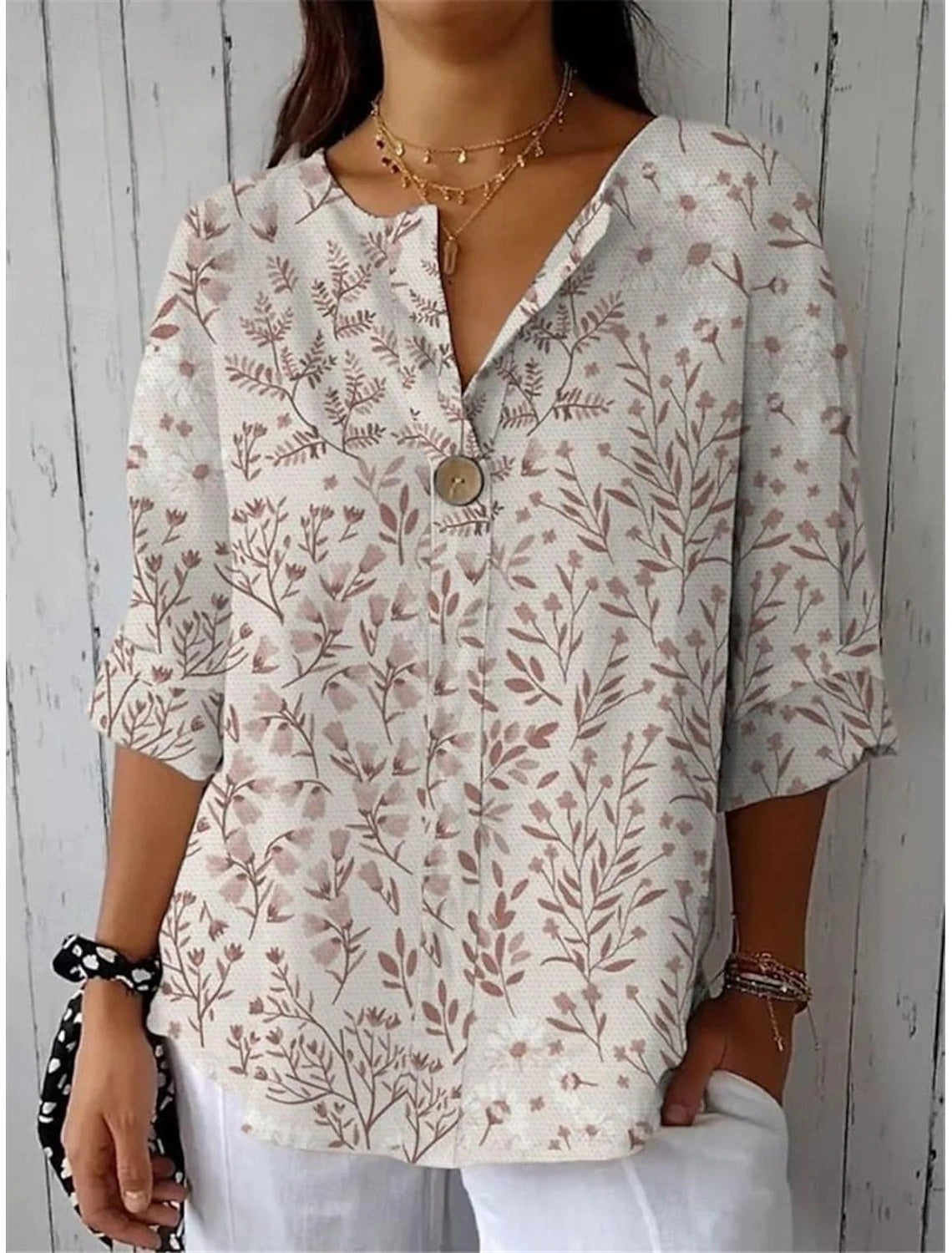 Women's Button V-neck Shirt Casual Print Top T-shirt