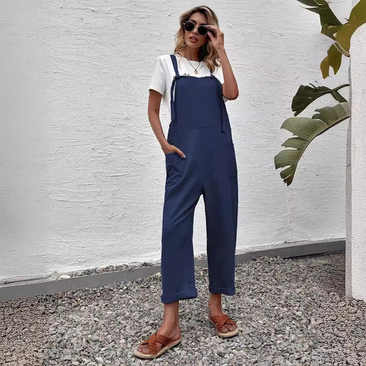 Fashion Solid Color Loose Pockets Wide Leg Jumpsuit