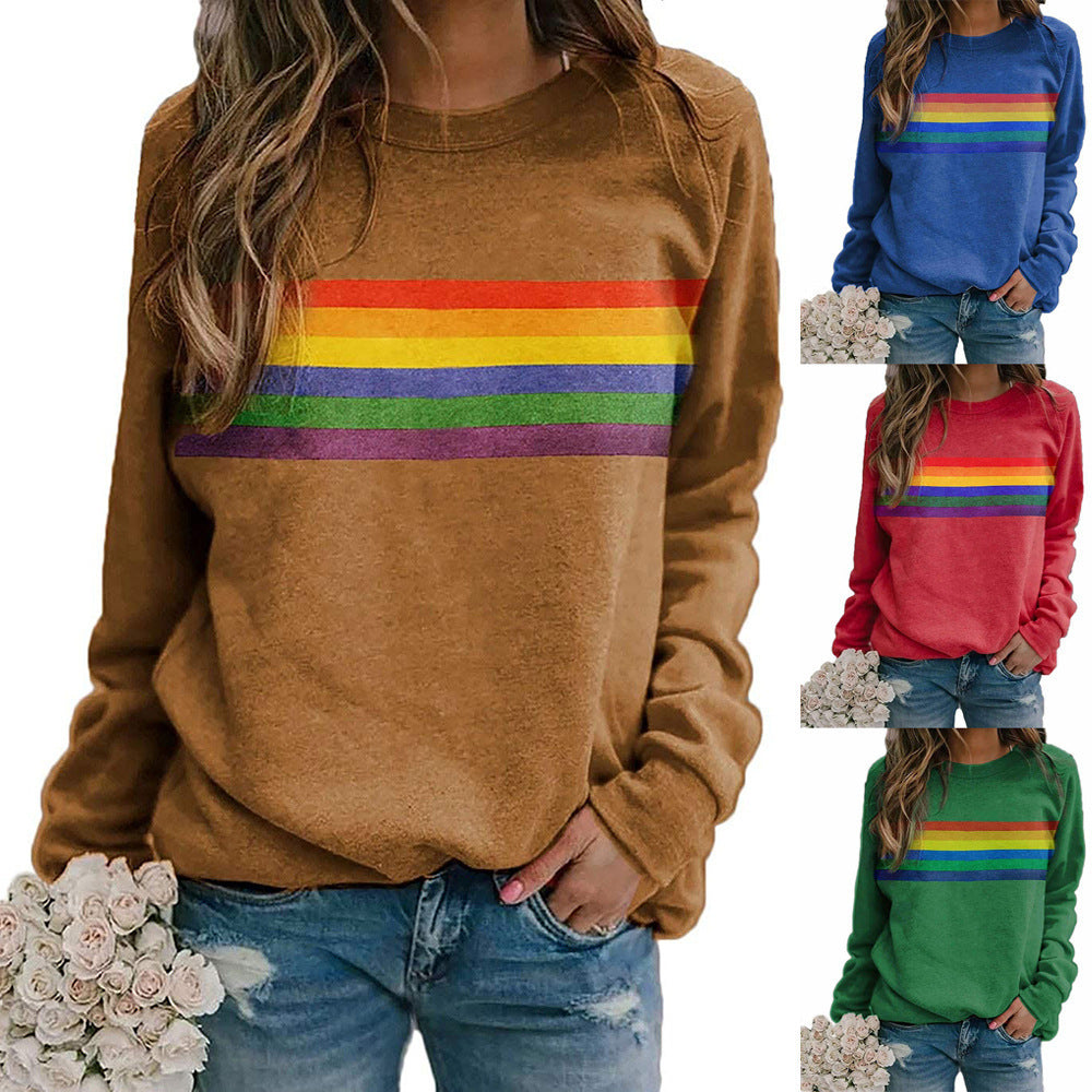 Color Striped Print Round Neck Pullover Long Sleeve Sweater