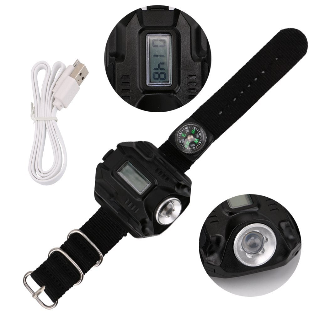 LED watch flashlight flashlight portable light USB charging 4 mode light tactical flashlight time display with compass