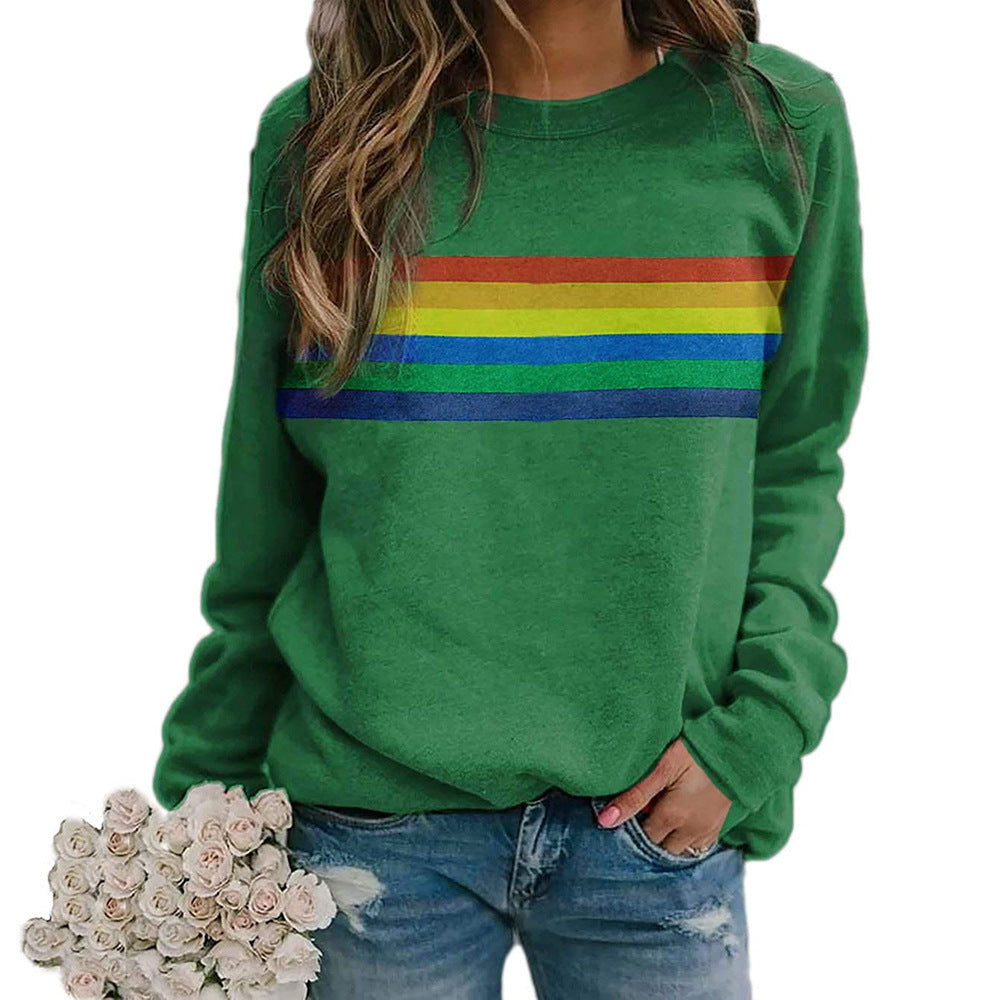 Color Striped Print Round Neck Pullover Long Sleeve Sweater