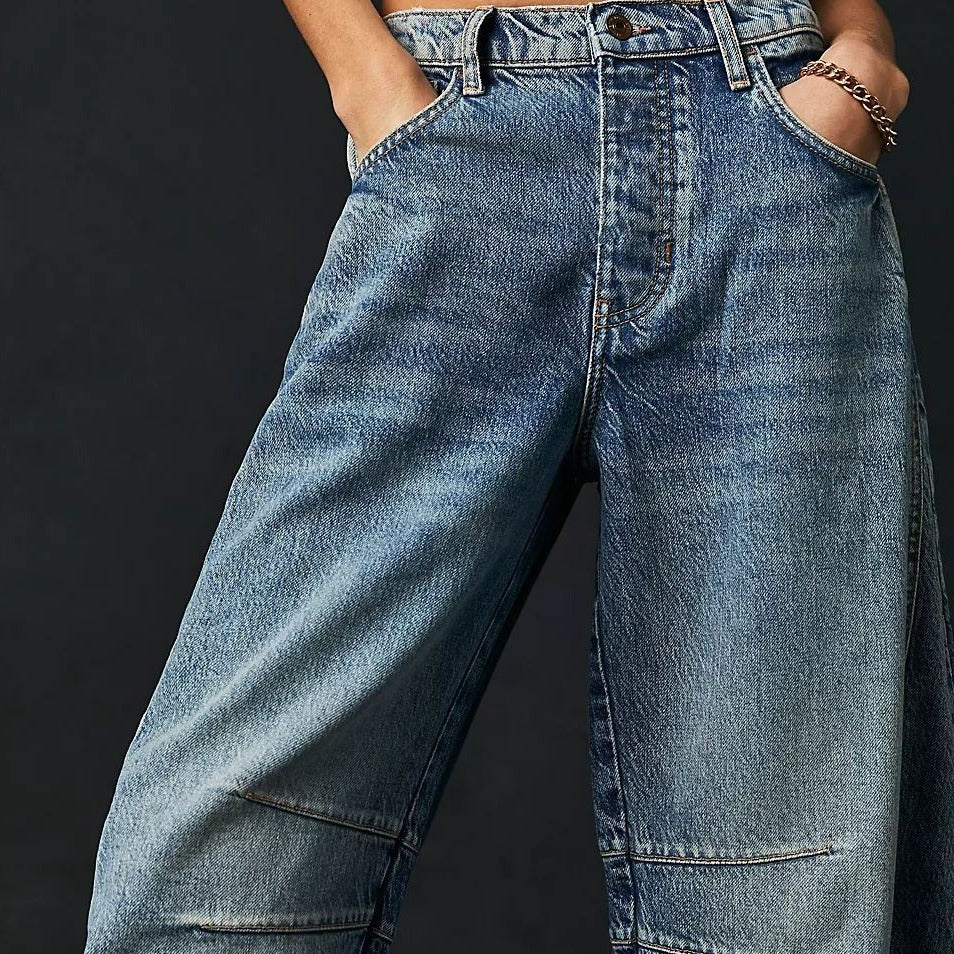 High Stretch Mid-Rise Barrel Jeans Fashion Wide Leg Shape Women Casual Baggy Mid Waist Denim Jeans