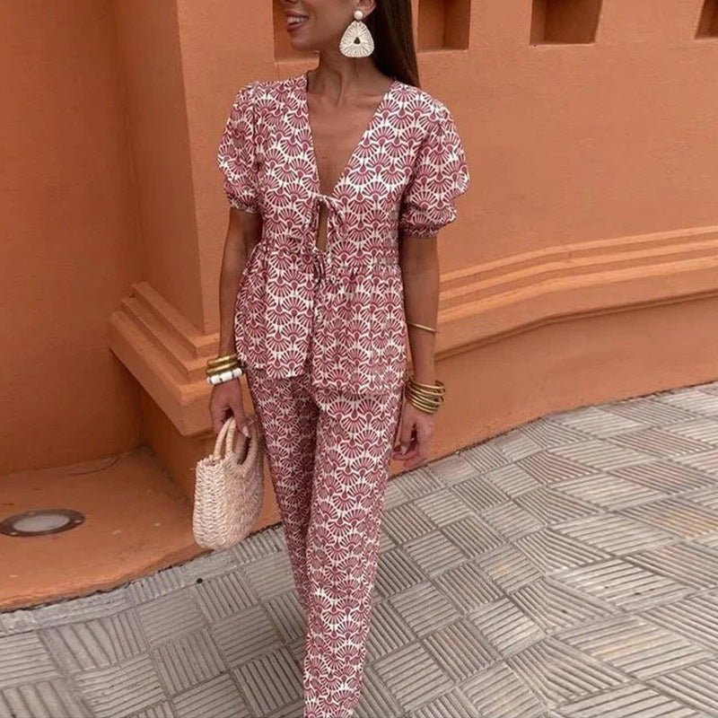 Summer Printed Pleated Women's Pants Suit Hollow Out Suit