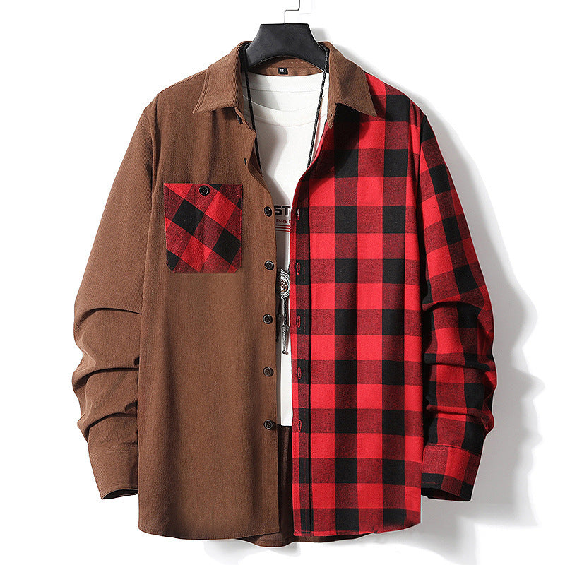 Fashion Casual Color-matching Plaid Shirt Autumn And Winter Corduroy Long-sleeved Lapel Shirt Loose Top Men's Clothing