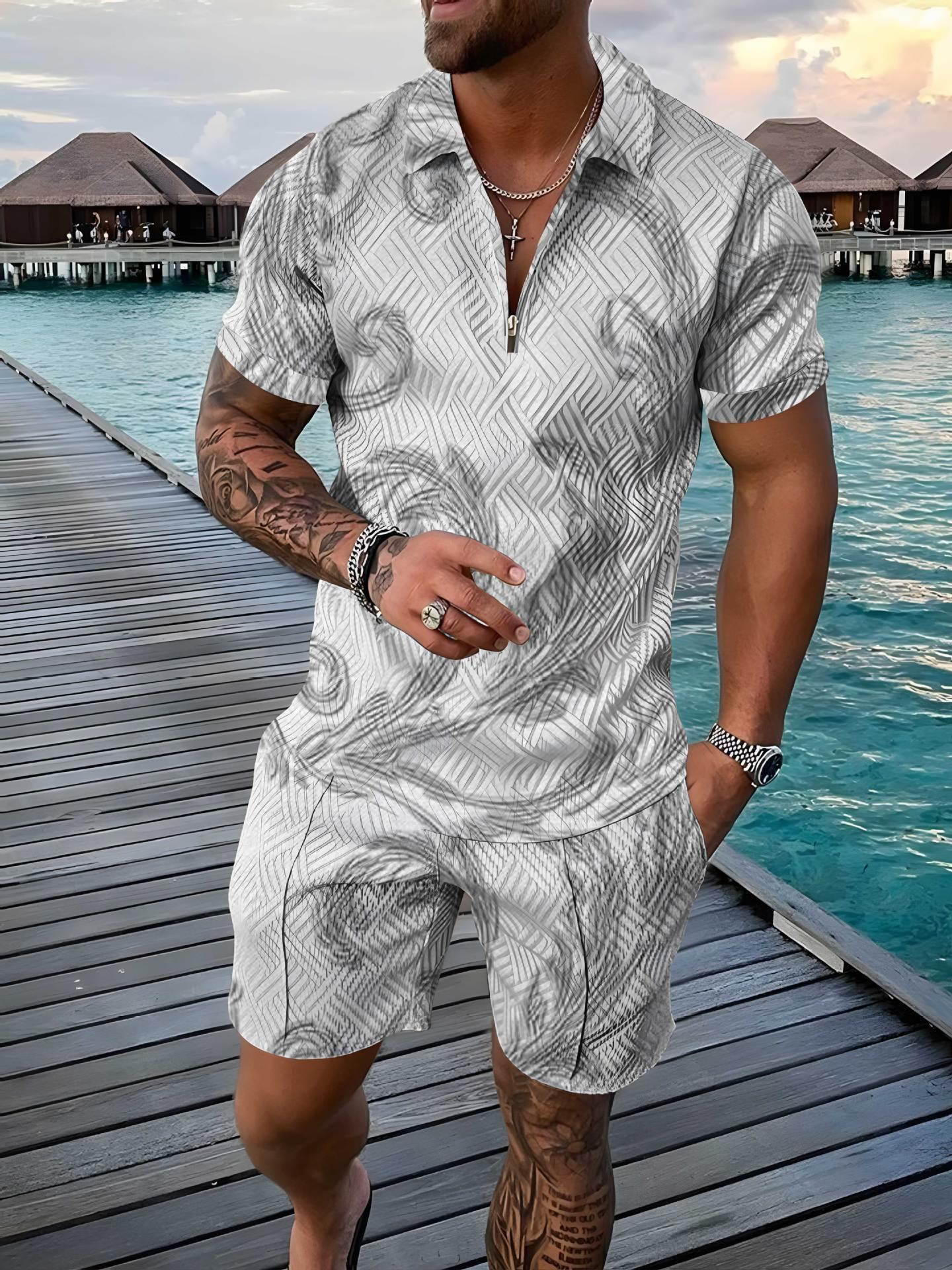 Zipper And Lapel Short Sleeve Shorts Suit