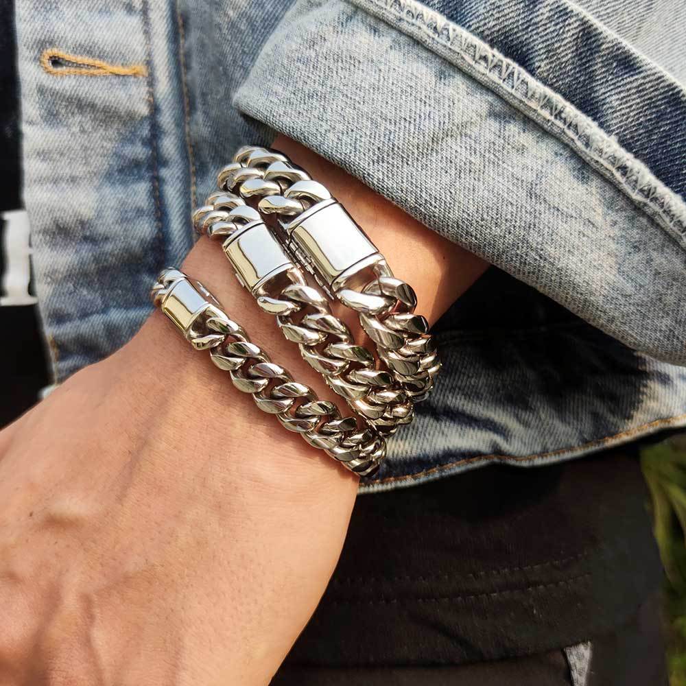 Hip Hop Flip Buckle Stainless Steel Cuban Bracelet Round Grinding