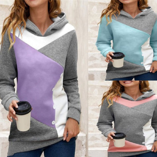 Casual Loose Hooded Color Contrast Women's Sweater Fleece Shirt