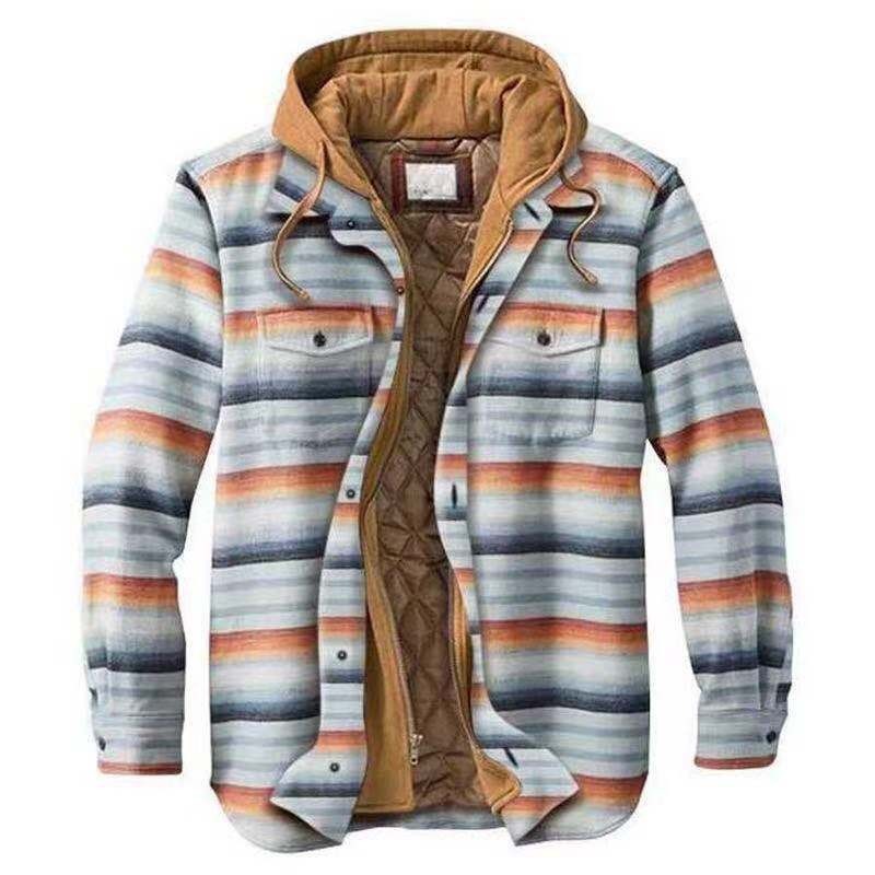 Men's Cotton-padded Clothes Plaid Striped Loose-fitting Hoodie Long Sleeve Coat