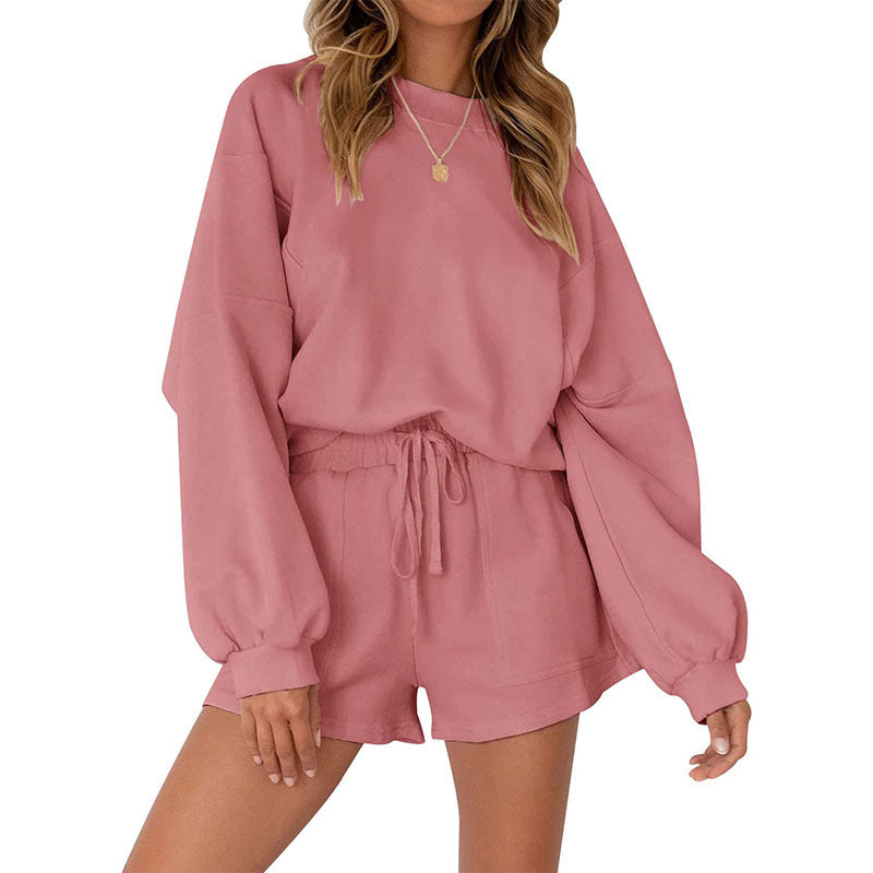 Casual Sports Sweatshirt Suits Loose Pullover Top And Drawstring Shorts Two-piece Set Womens Clothing