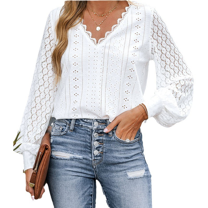 Fall V-neck Lace Fashion Hollowed-out Casual Long-sleeved Shirt