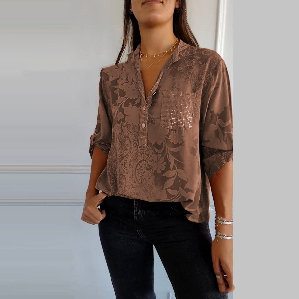 European And American Women's Clothing Fashion Elegant Printed Shirt Top