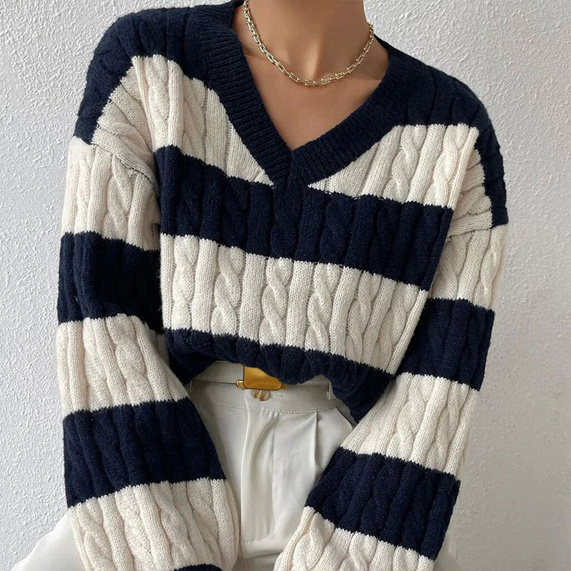 V-neck Long Sleeve Striped All-matching Women's Sweater