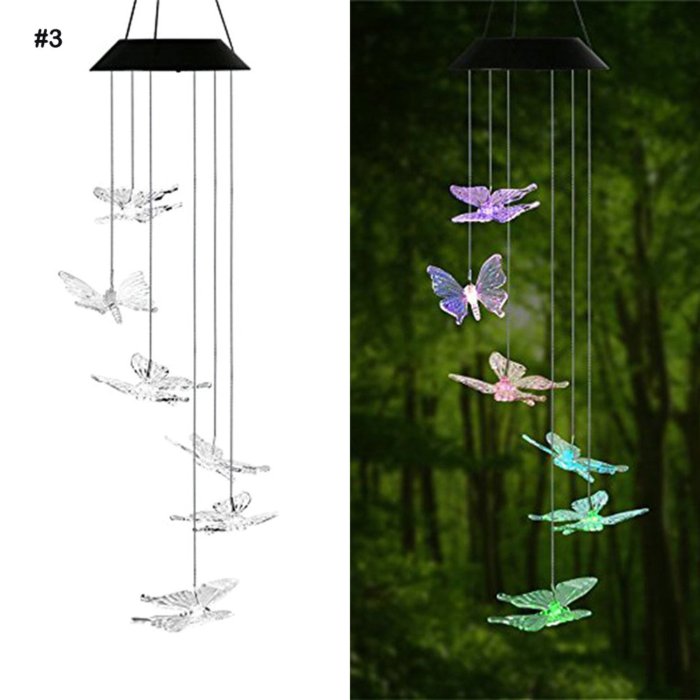 Color Changing Solar Power Wind Chime Crystal Ball Hummingbird Butterfly Waterproof Outdoor Windchime Light For Patio Yard Garde