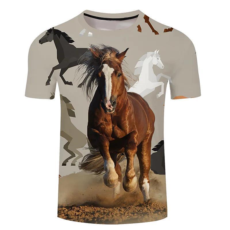 Men's 3d Horse Printed T-shirt Riding Crew Neck Short Sleeve Streetwear Hip Hop Trend