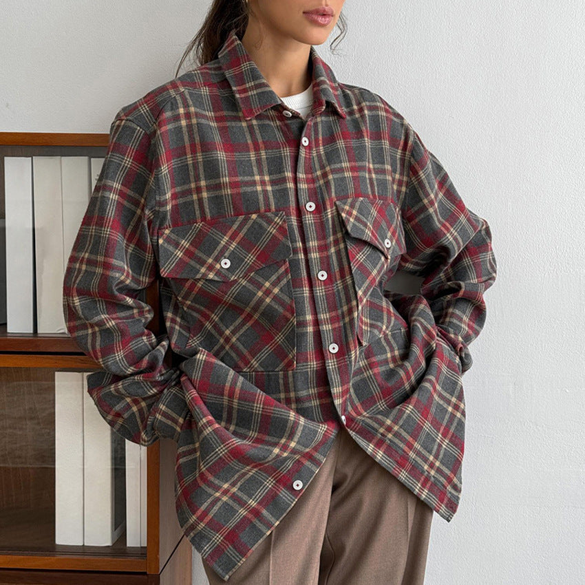 Retro Plaid Women's Shirt Minimalist Long Sleeve