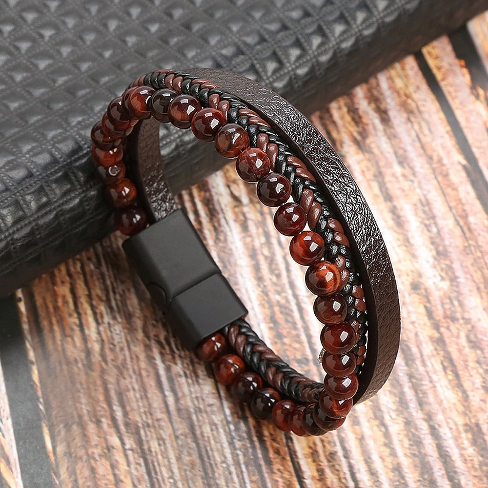 Men's Leather Natural Stone Volcanic Rock Red Tiger Titanium Steel Woven Leather Bracelet