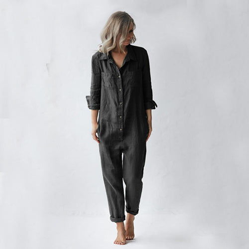 Casual Long Sleeve Jumpsuit With Pockets Fashion Loose Lapel Button Romper Pants Womens Clothing