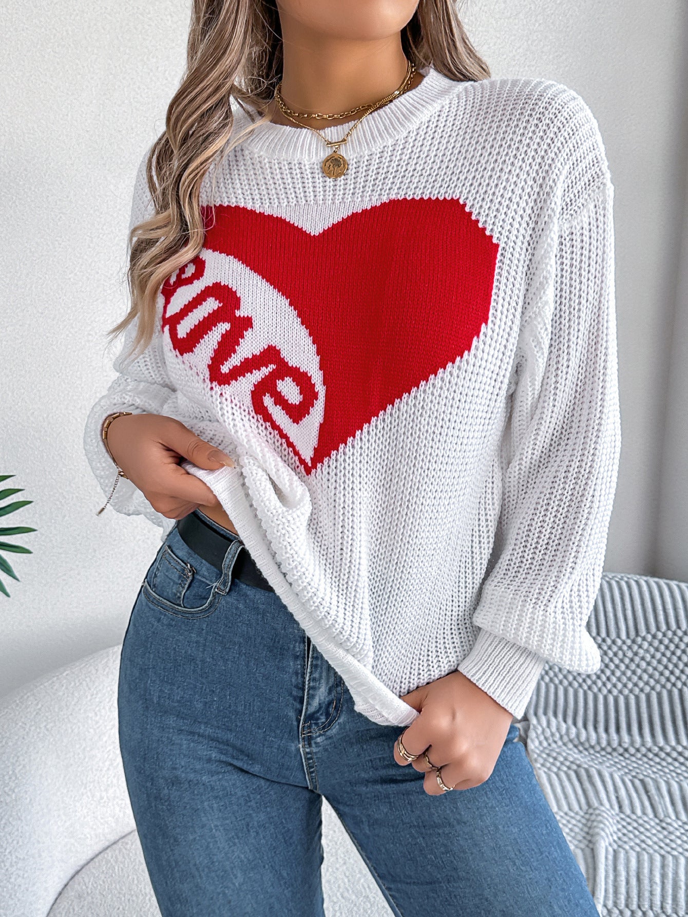 Love Print Pullover Sweater Autumn And Winter Loose Long-sleeved Knitted Tops For Women Valentine's Day Clothing