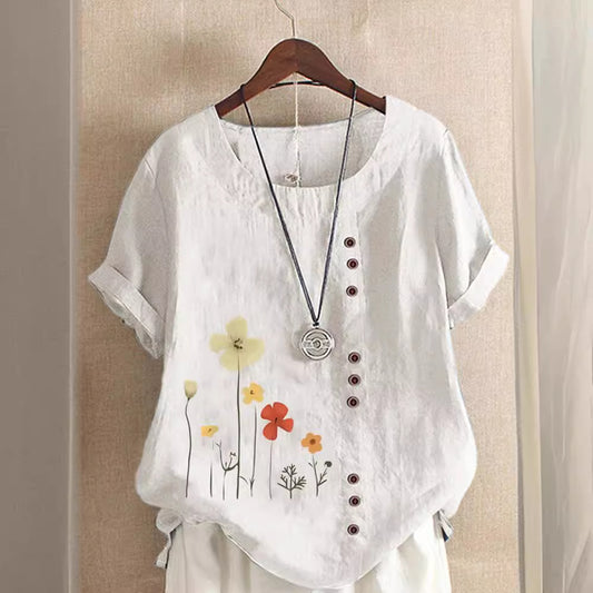 Cotton And Linen Printed Elegant Short Sleeve T-shirt Top Women