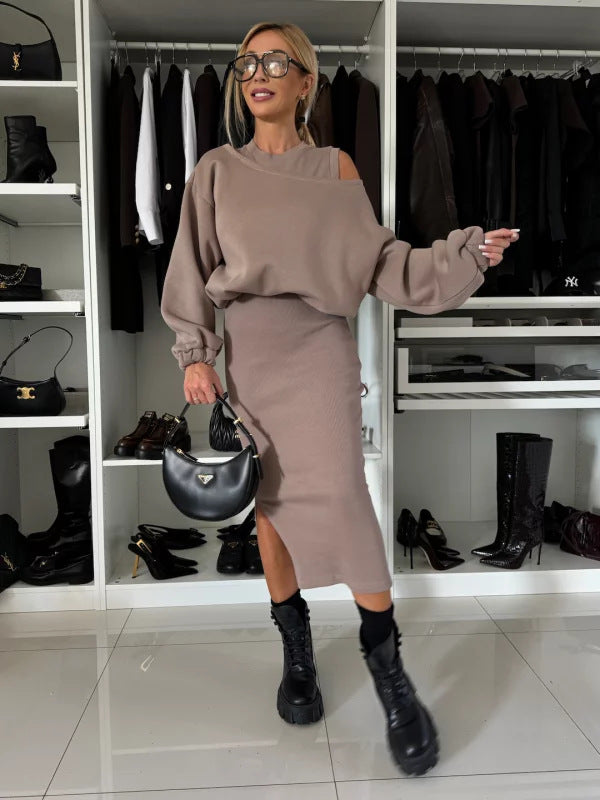 Off-neck Batwing Sleeve Short Sweater Vest Long Skirt Suit