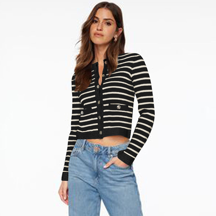 Comfort And Casual Long Sleeve Striped Button Top