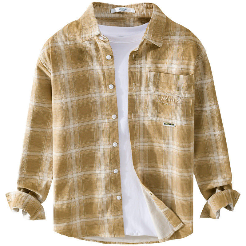 Cotton Plaid Long-sleeved Shirt Retro Cotton Brushed Casual Overshirt