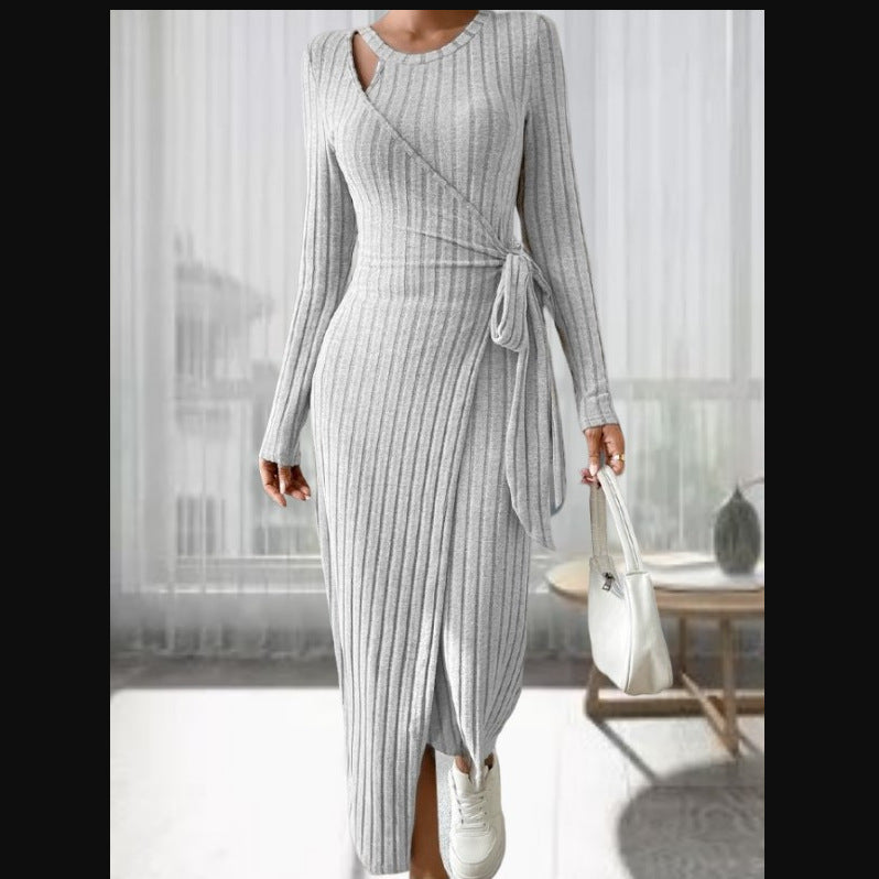 Women's Striped Fashion Round Neck Long Sleeve Narrow Bow Dress