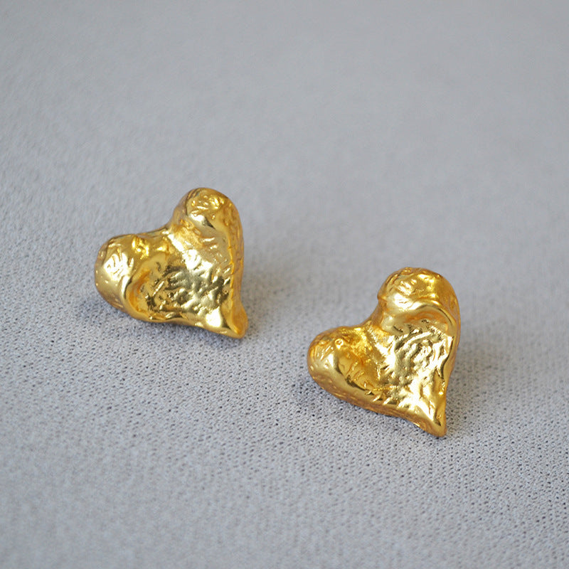 French Minority Vintage Crumpled Texture Sandstone Surface Irregular Heart Brass Gold Plated 925 Silver Pin Earrings